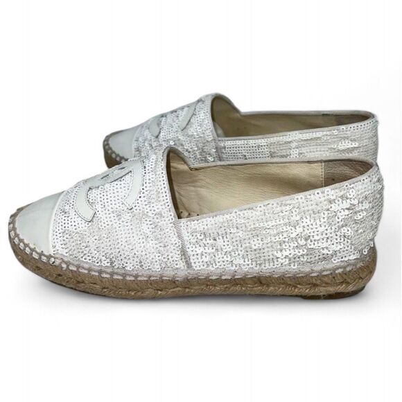CHANEL White Woven Interlocking CC Logo Sequin Flat Espadrilles Size EU37 - Picture 10 of 15